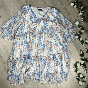 Chic Floral Long Sleeve Dress in Blue and Orange